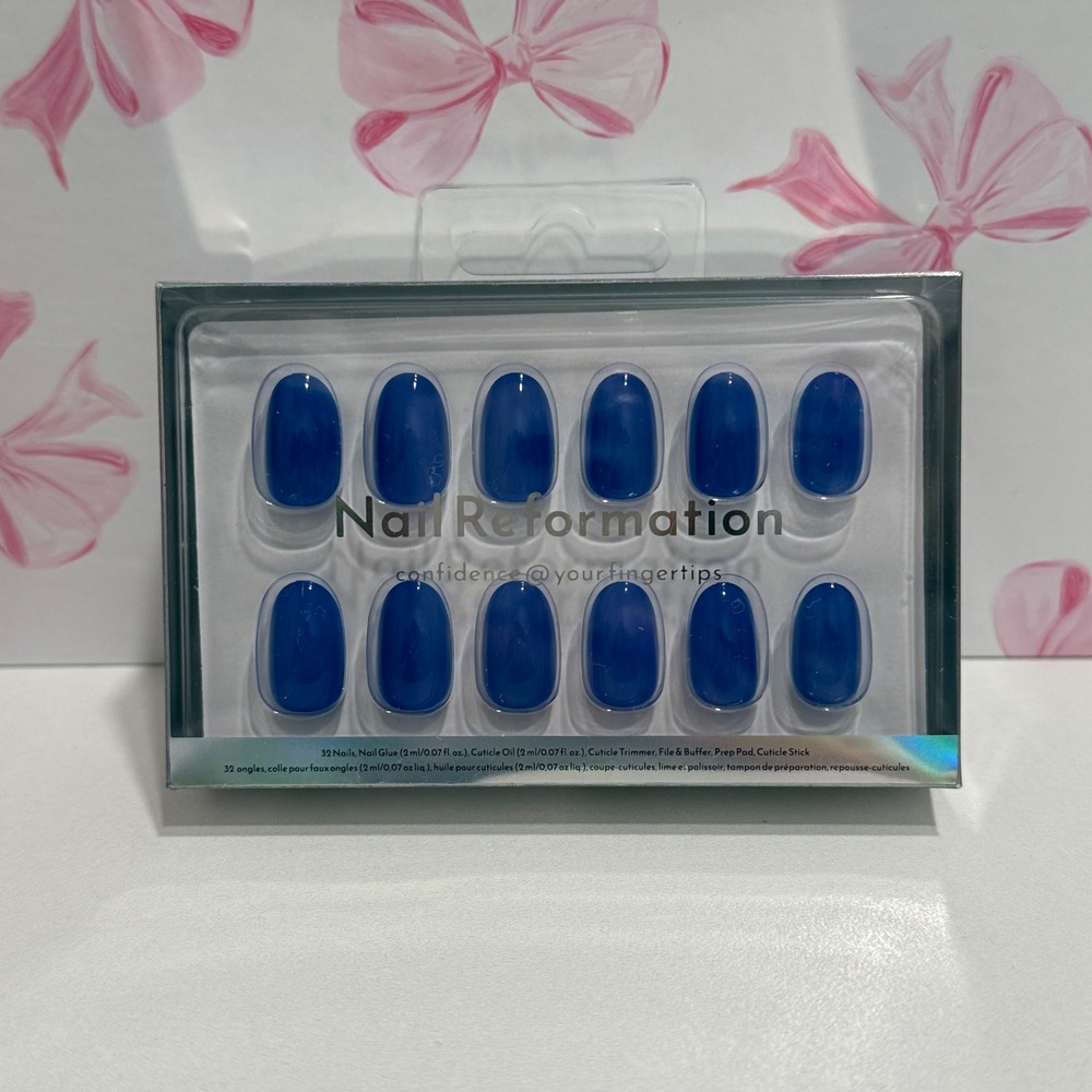 Nail Reformation 32pc Press On Nail Kit‎ Cobalt Blue Jelly Oval Manicure Set